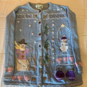 blue cotton holiday button up snowman sweater